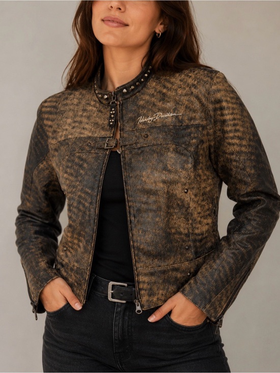 Harley-Davidson Jackets & Blazers - HARLEY DAVIDSON Vintage Distressed Tiger Stripe Leather Stud Riding Zip Jacket S